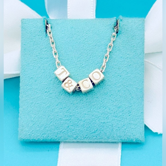 Tiffany Co Silver ERA T Co Cube Necklace Pendant Charm 18 Inch